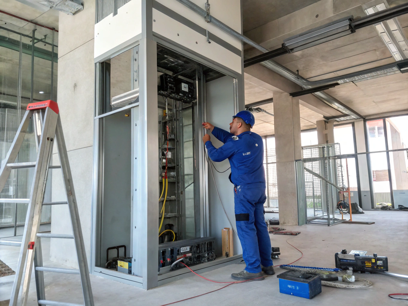 Sky Lift technicians fitting mechanical guides and cabin structural frame in workshop