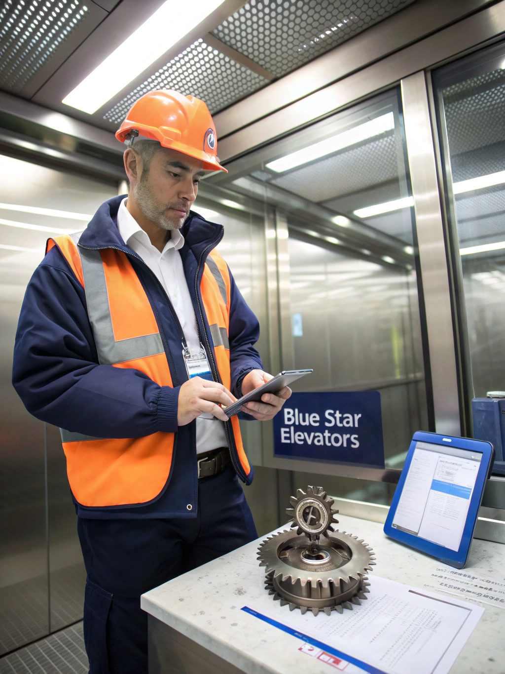 Sky Lift maintenance engineer inspecting traction hoist controller in machine room