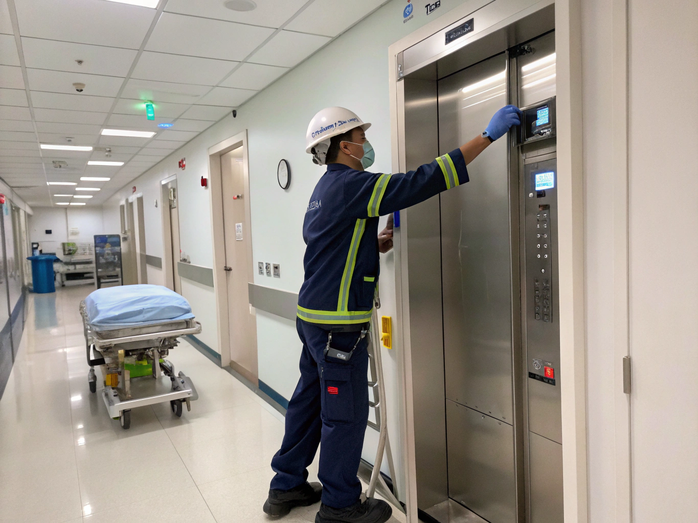 Certified elevator technician inspecting control panels and traction machinery during routine maintenance