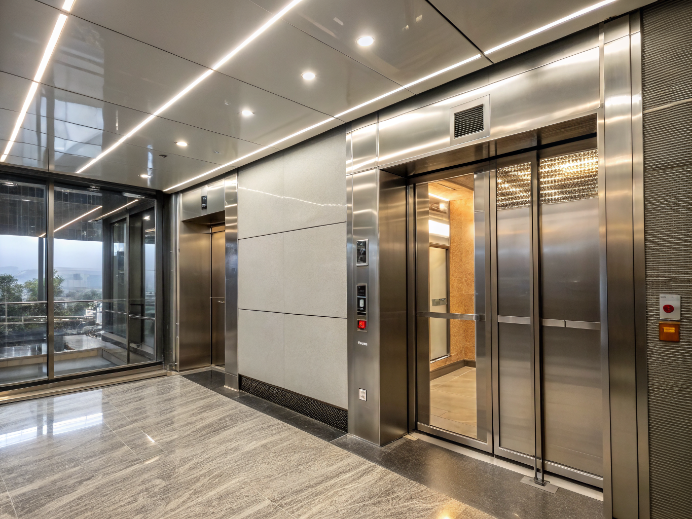 Finished passenger elevator cabin interior with brushed steel panels and integrated COP