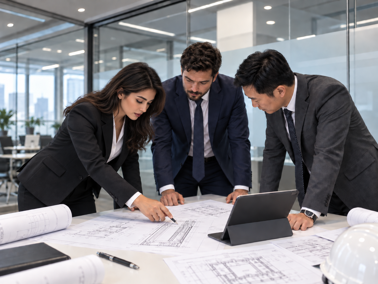 Sky Lift engineering team coordinating elevator modernization blueprints in Fanar office