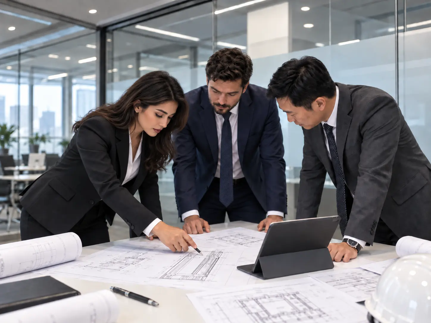 Team reviewing elevator blueprints in an office