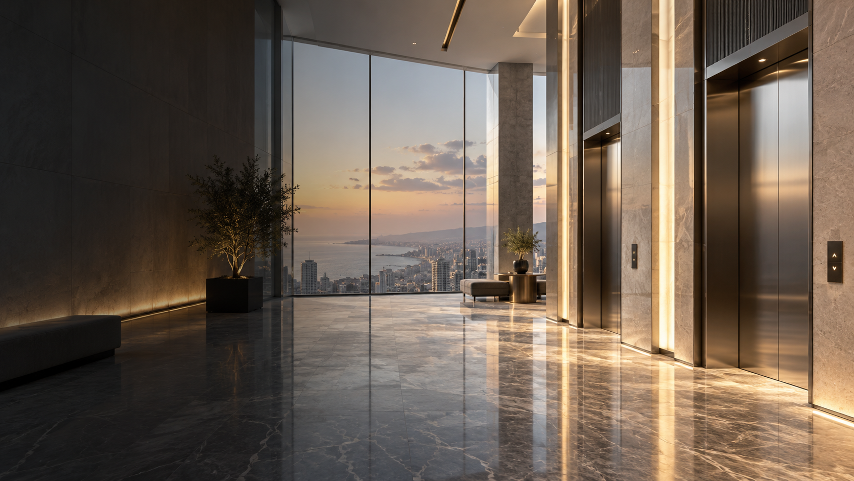Modern commercial building architectural elevator lobby with glass lift installations