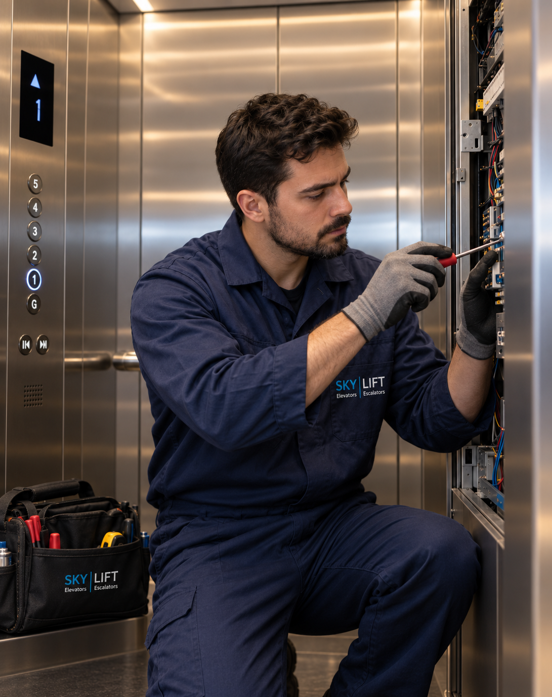 Sky Lift maintenance engineer testing elevator control panel components inside a clean machine room