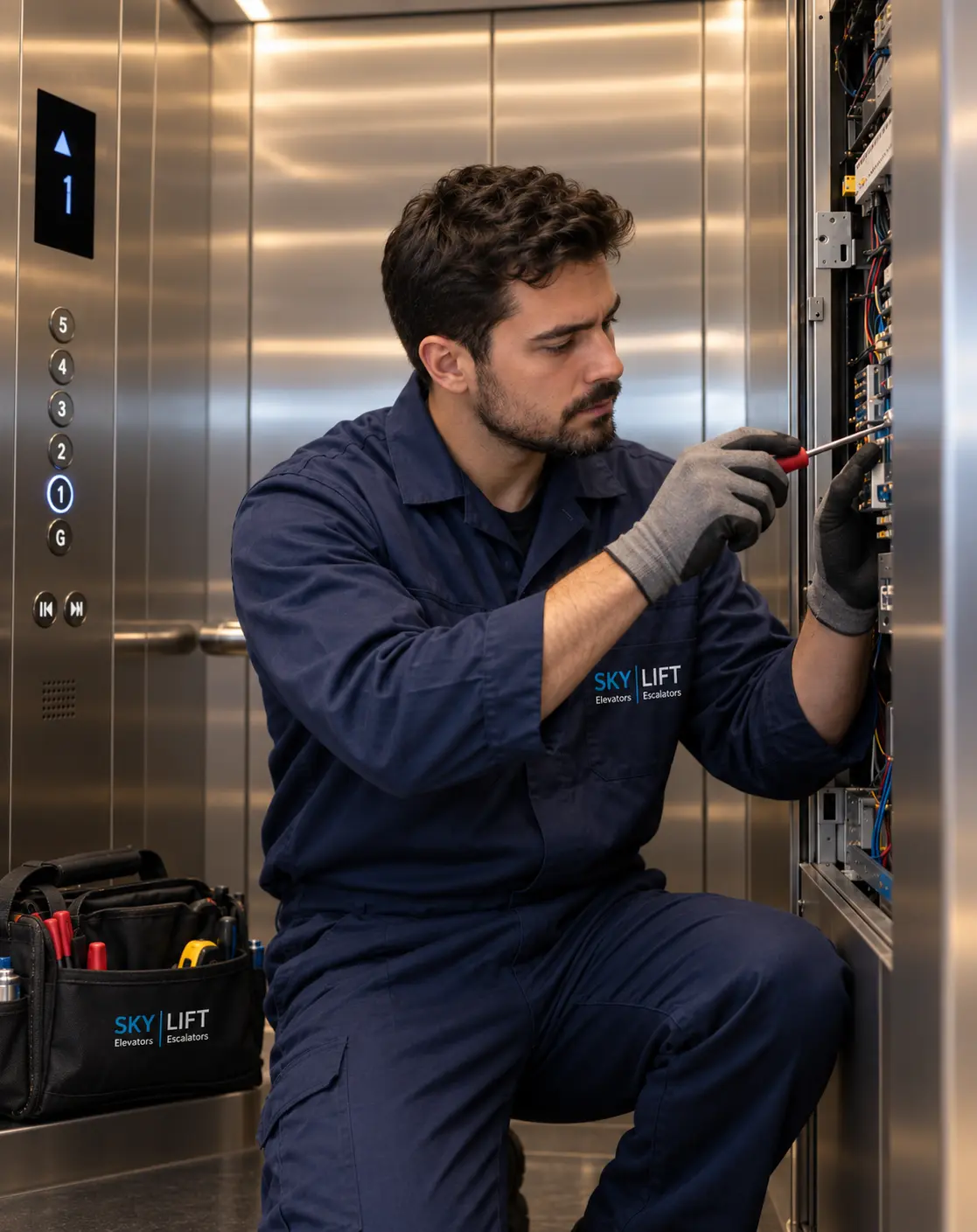 Maintenance engineer testing elevator control panel in machine room