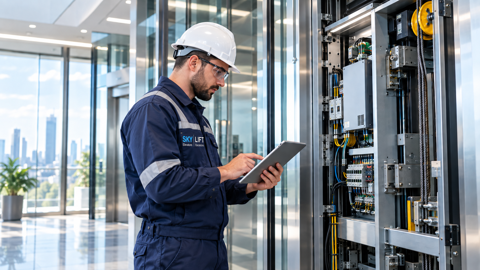 Certified elevator technician performing diagnostic testing on control board