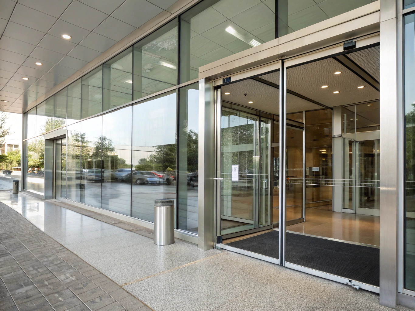 Automatic sliding glass door system at commercial building entrance