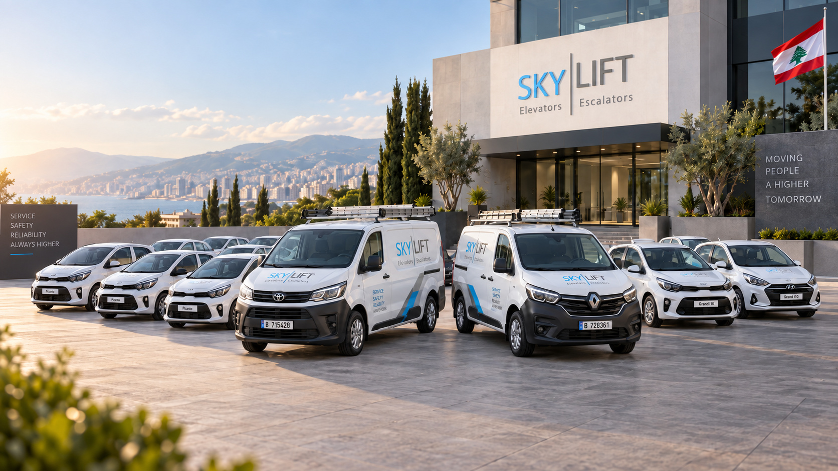 Sky Lift maintenance fleet with utility service vehicles and branded compact service cars