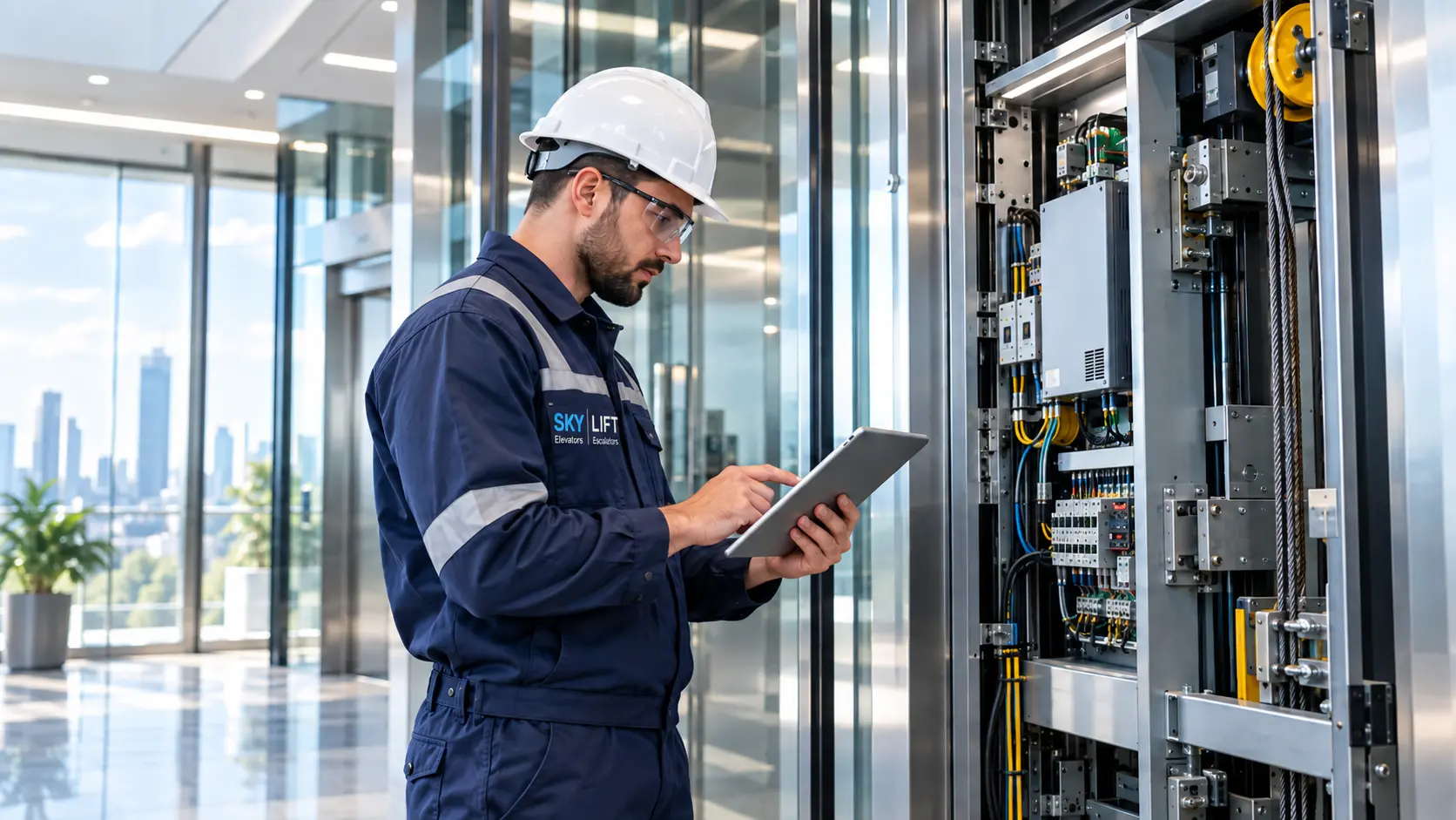 Elevator technician performing diagnostic testing on control board